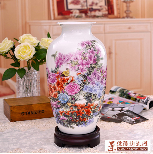 新中式陶瓷花瓶景德鎮(zhèn)工藝品擺件裝飾客廳插花瓶杜鵑花鳥(niǎo)瓷瓶大號(hào)